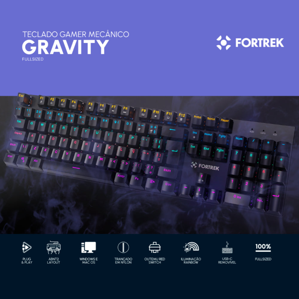 Teclado Gamer Mecânico Fortrek Gravity 100 Fullsized Rgb Rainbow