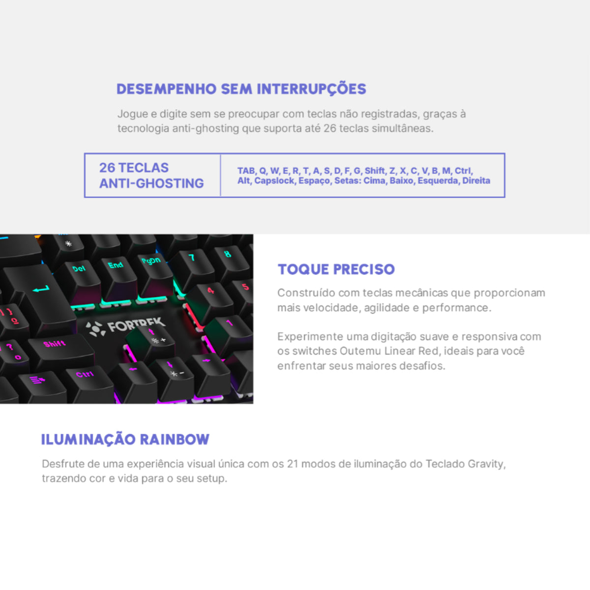 Teclado Gamer Mecânico Fortrek Gravity 100 Fullsized Rgb Rainbow