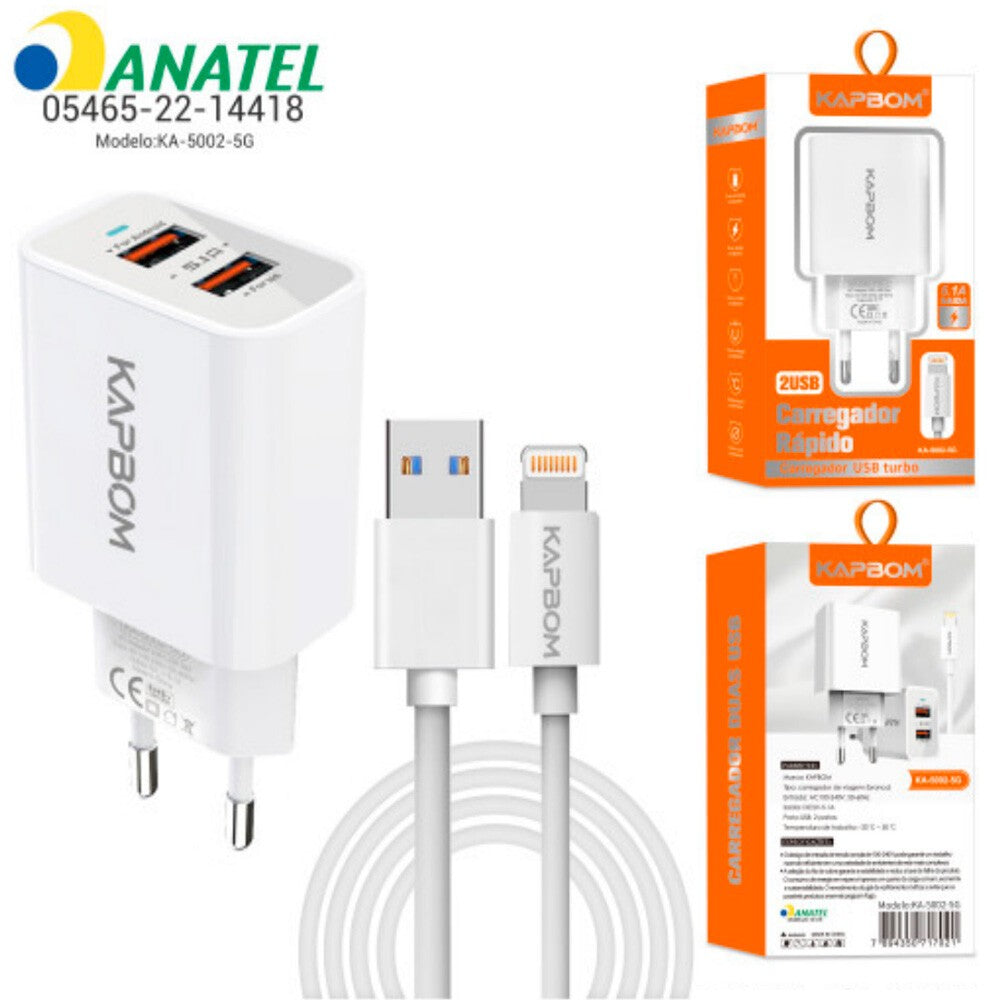 Carregador Rápido 5.1A Para iPhone Com 2 Entradas Usb