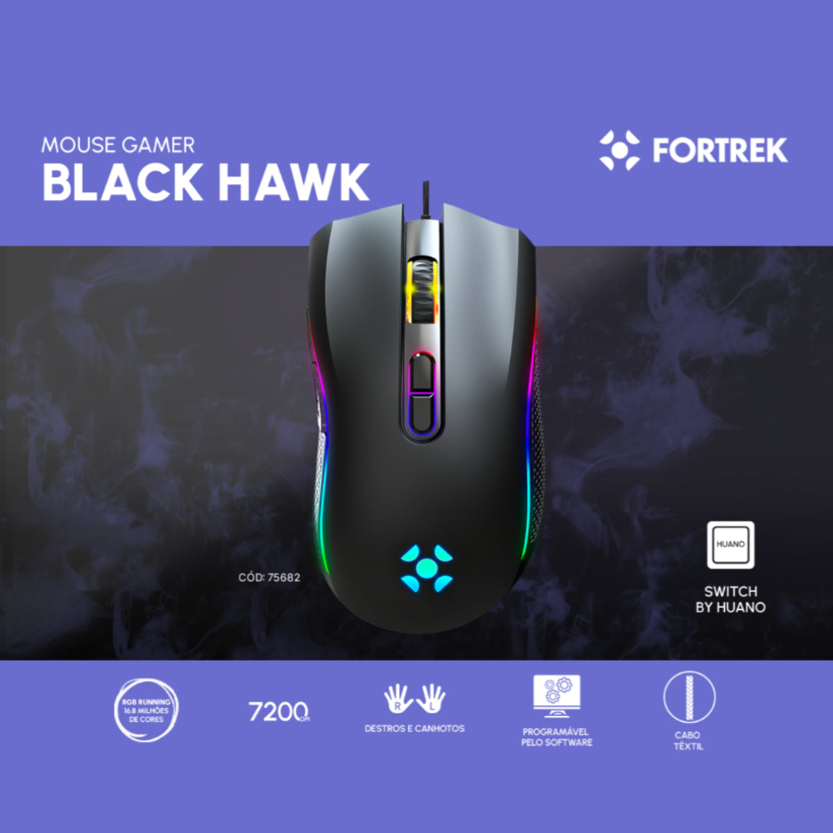 Mouse Gamer RGB Ambidestro Fortrek Black Hawk 7200DPI