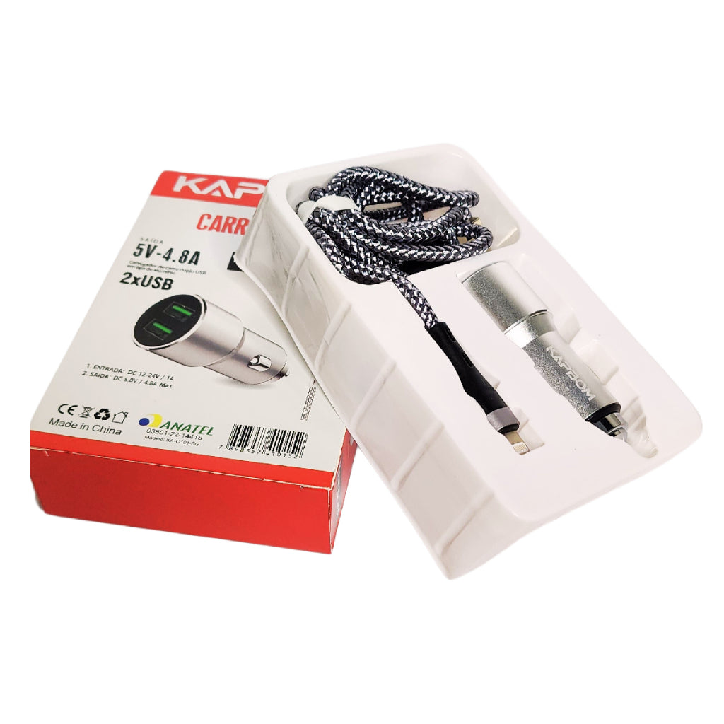 Carregador Veicular Com Duas Entradas USB e Cabo Lighting paraiPhone