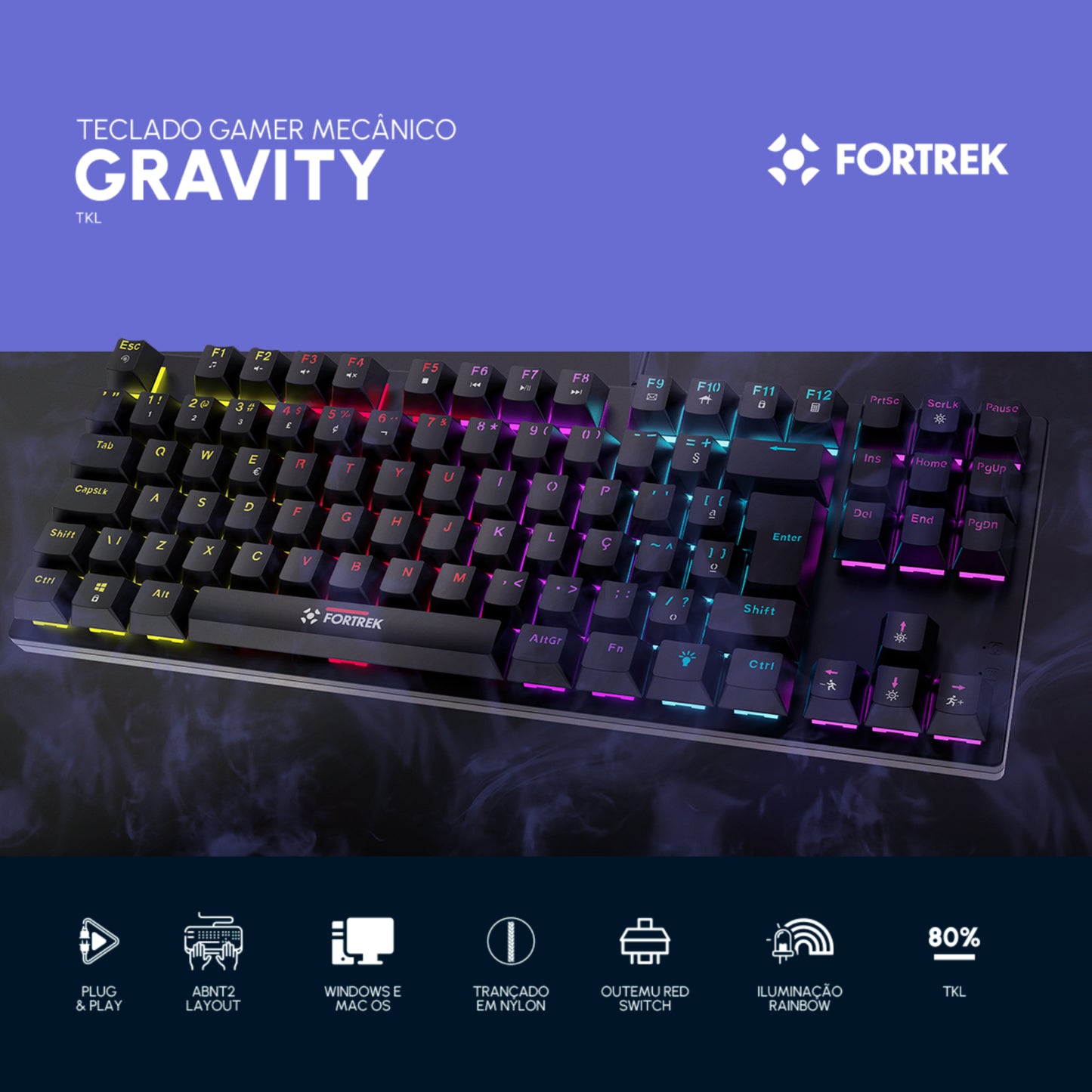 Teclado Mecânico Gamer Fortrek Gravity 80 Rainbow Outemu Red