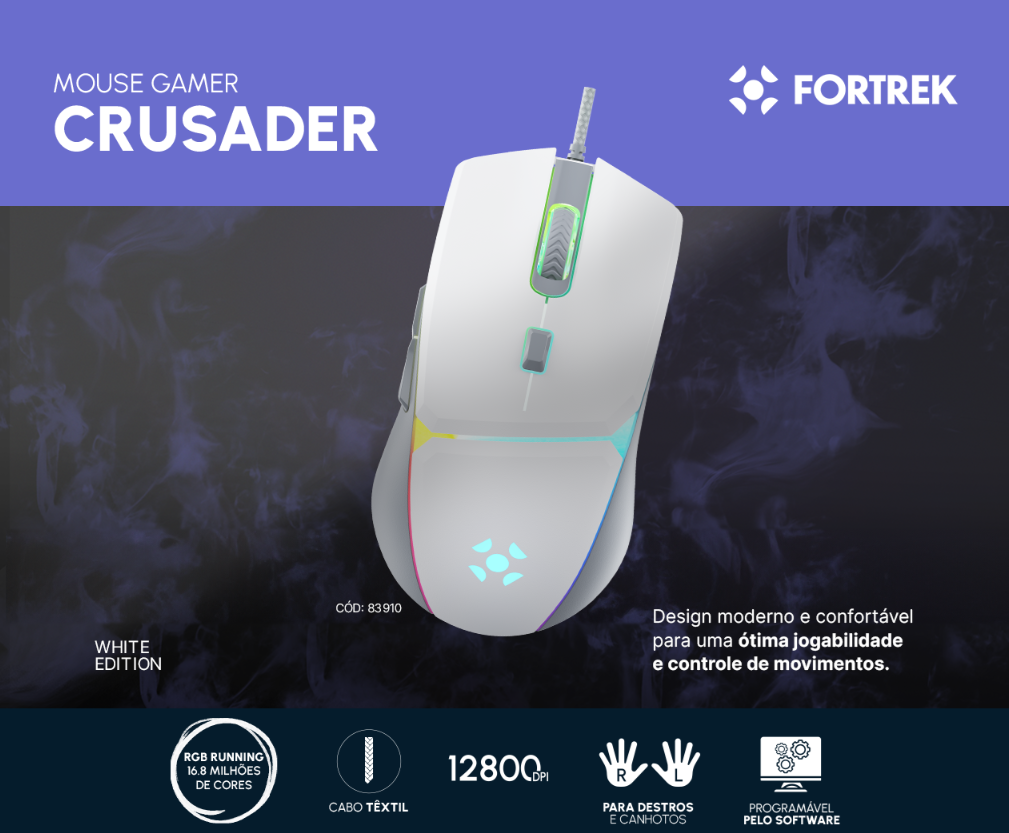Mouse Gamer Rgb Fortrek Crusader White Edition 12800dpi