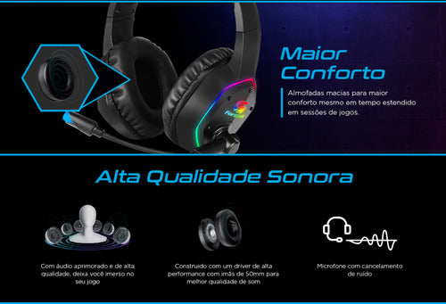 Headset Over-ear Gamer Fortrek Blackfire RGB Preto com entrada 2xP2