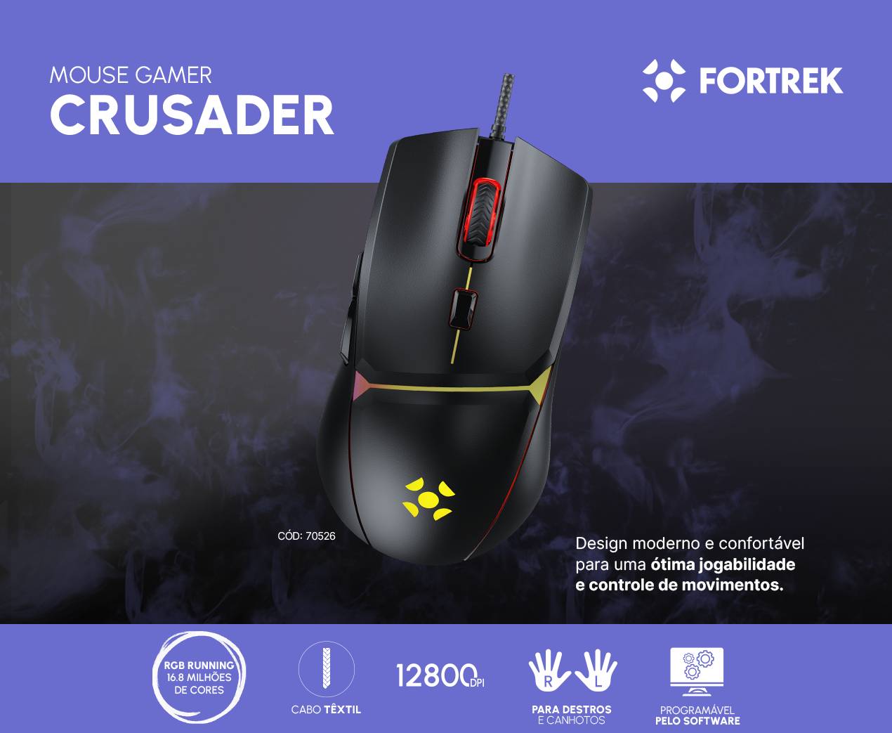 Mouse Gamer Rgb Fortrek Crusader Black Edition 12800dpi