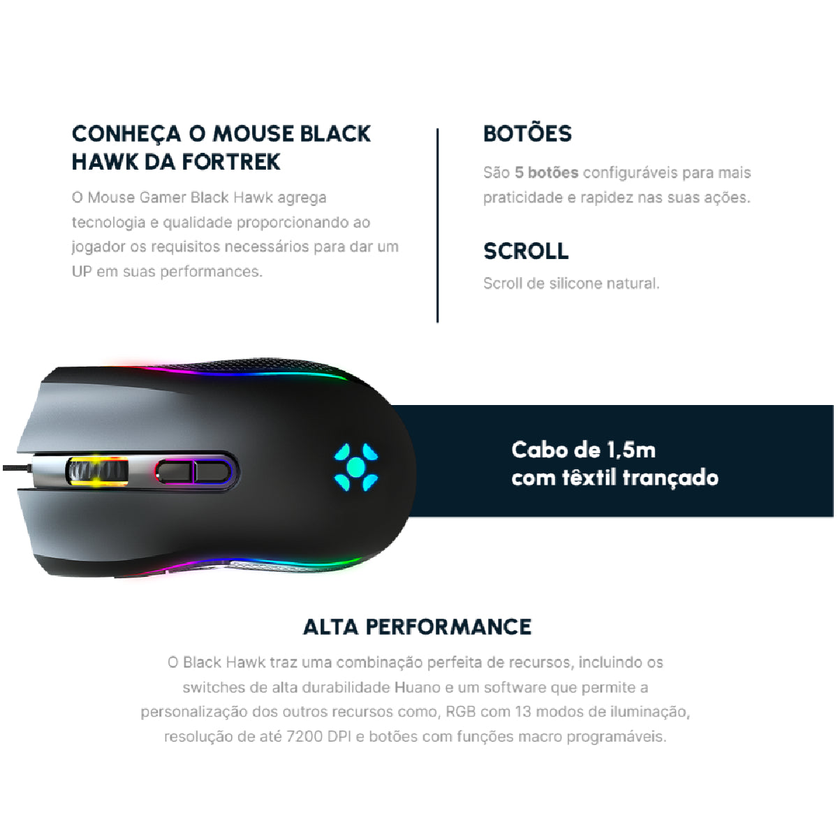 Mouse Gamer RGB Ambidestro Fortrek Black Hawk 7200DPI