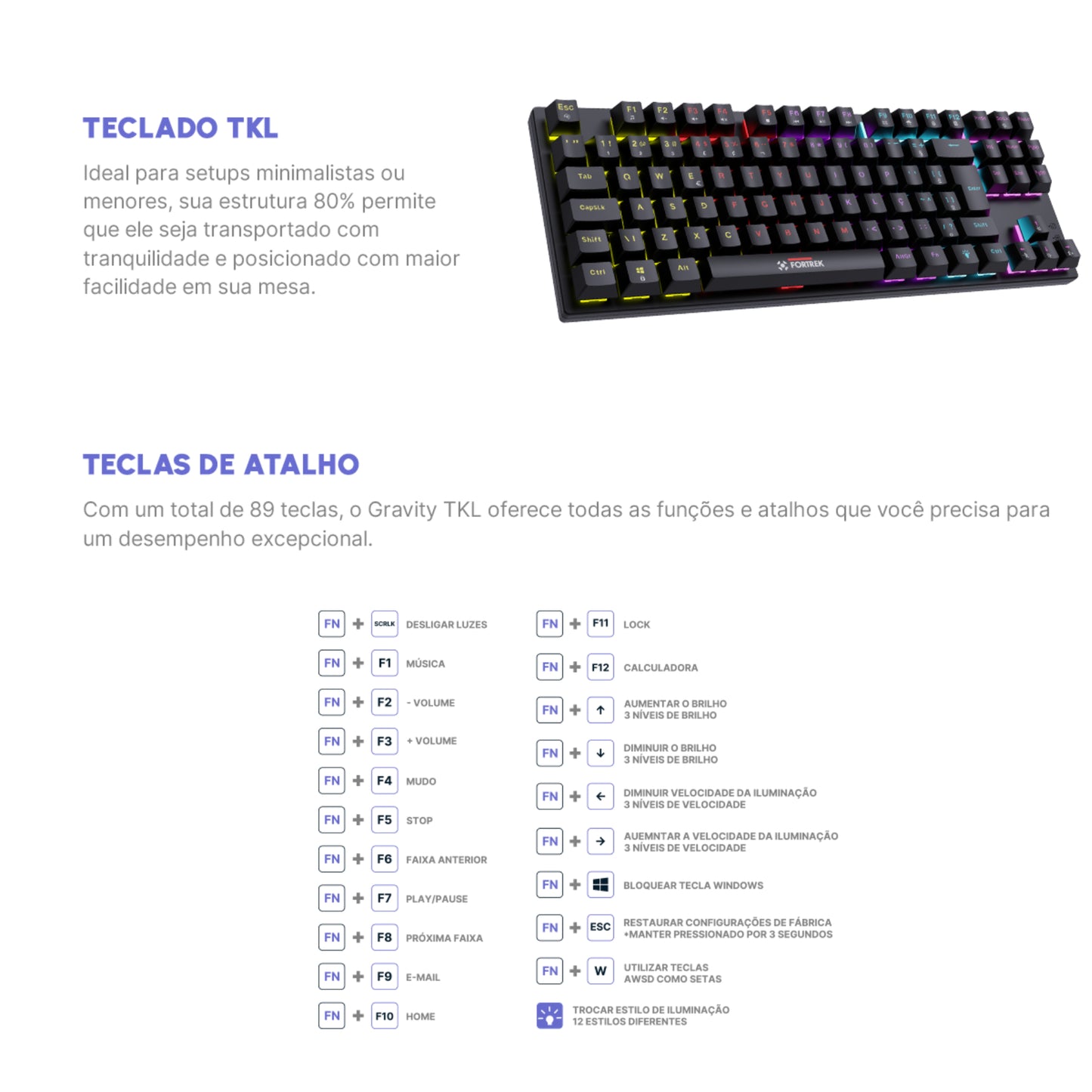 Teclado Mecânico Gamer Fortrek Gravity 80 Rainbow Outemu Red