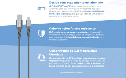 Cabo USB Tipo C Original Philips 5v 3a 1,25m Rápido Cor Preto