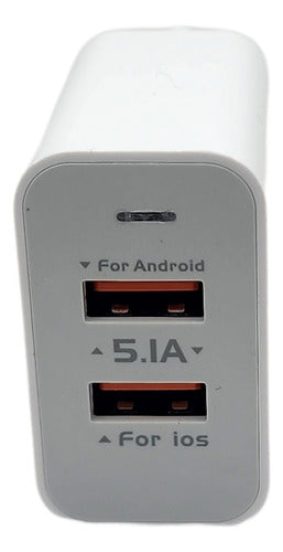 Carregador Rápido 5.1A com duas entradas USB e cabo Tipo C de 1m