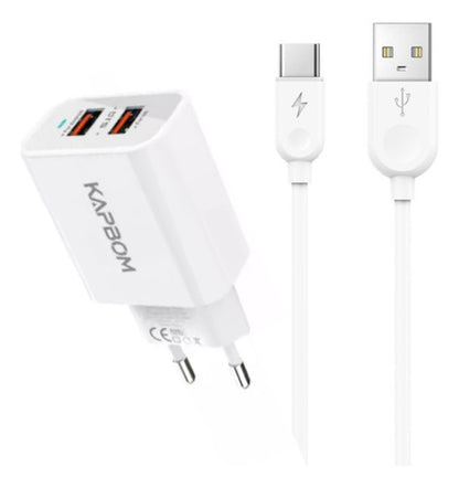 Carregador Rápido 5.1A com duas entradas USB e cabo Tipo C de 1m