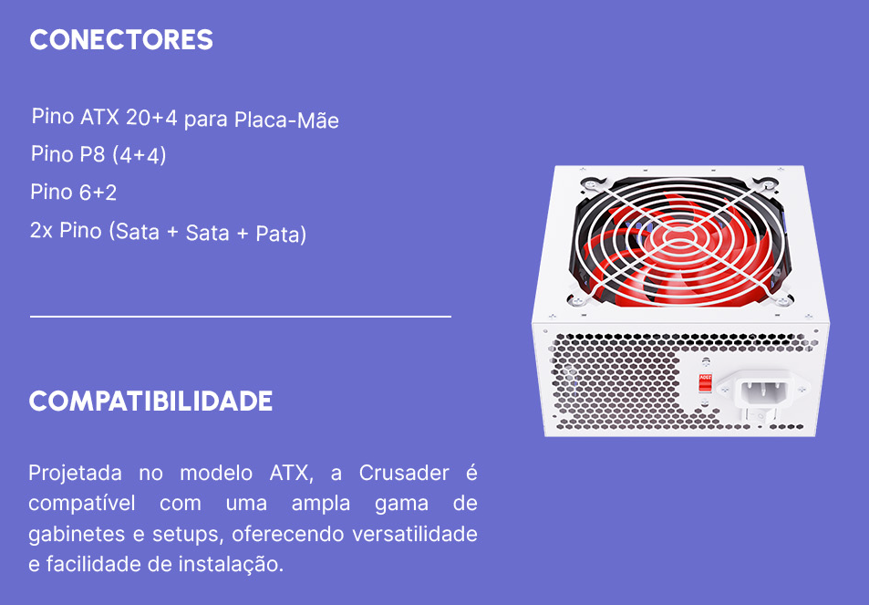 Fonte 500w Gamer Atx Fortrek Crusader Branca Bivolt 127/220v