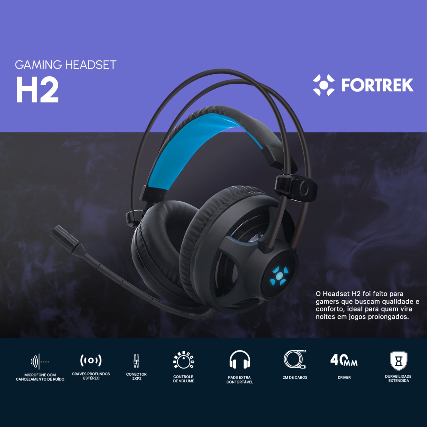 Headset Gamer Fortrek H2 Pro Over-ear Black Edition Led Azul
