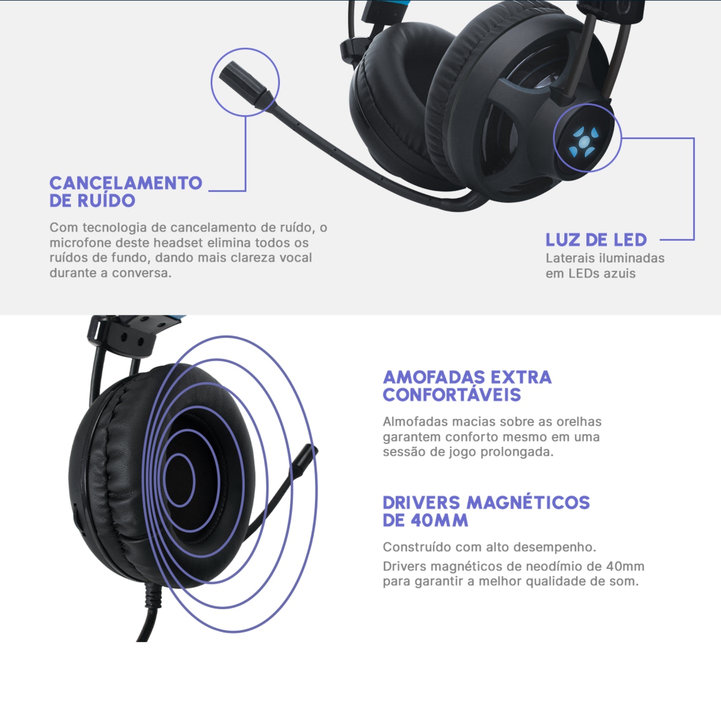 Headset Gamer Fortrek H2 Pro Over-ear Black Edition Led Azul