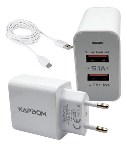 Carregador Rápido 5.1A com duas entradas USB e cabo Tipo C de 1m